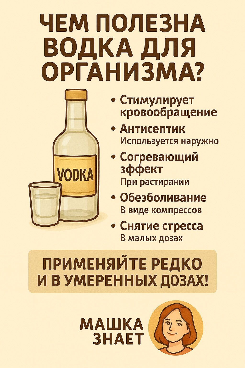 ЧЕМ ПОЛЕЗНА ВОДКА ДЛЯ ОРГАНИЗМА?

• Стимулирует кровообращение
• Антисептик
Используется наружно
• Согревающий эффект
При растирании
• Обезболивание
В виде компрессов
• Снятие стресса
В малых дозах

ПРИМЕНЯЙТЕ РЕДКО
И В УМЕРЕННЫХ ДОЗАХ!

МАШКА ЗНАЕТ