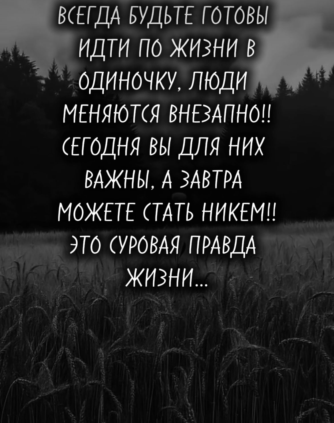 ВСЕГДА БУДЬТЕ ГОТОВЫ ИДТИ ПО ЖИЗНИ В ОДИНОЧКУ, ЛЮДИ МЕНЯЮТЬСЯ ВНЕЗАПНО!! СЕГОДНЯ ВЫ ДЛЯ НИХ ВАЖНЫ, А ЗАВТРА МОЖЕТЕ СТАТЬ НИКЕМ!! ЭТО СУРОВАЯ ПРАВДА ЖИЗНИ...