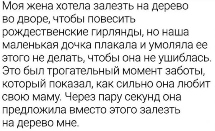 Моя жена хотела залезть на дерево во дворе, чтобы повесить рождественские гирлянды, но наша маленькая дочь плакала и умоляла ее этого не делать, чтобы она не упала. Это был трогательный момент заботы, который показал, как сильно она любит свою маму. Через пару секунд она предложила вместо этого залезть на дерево мне.