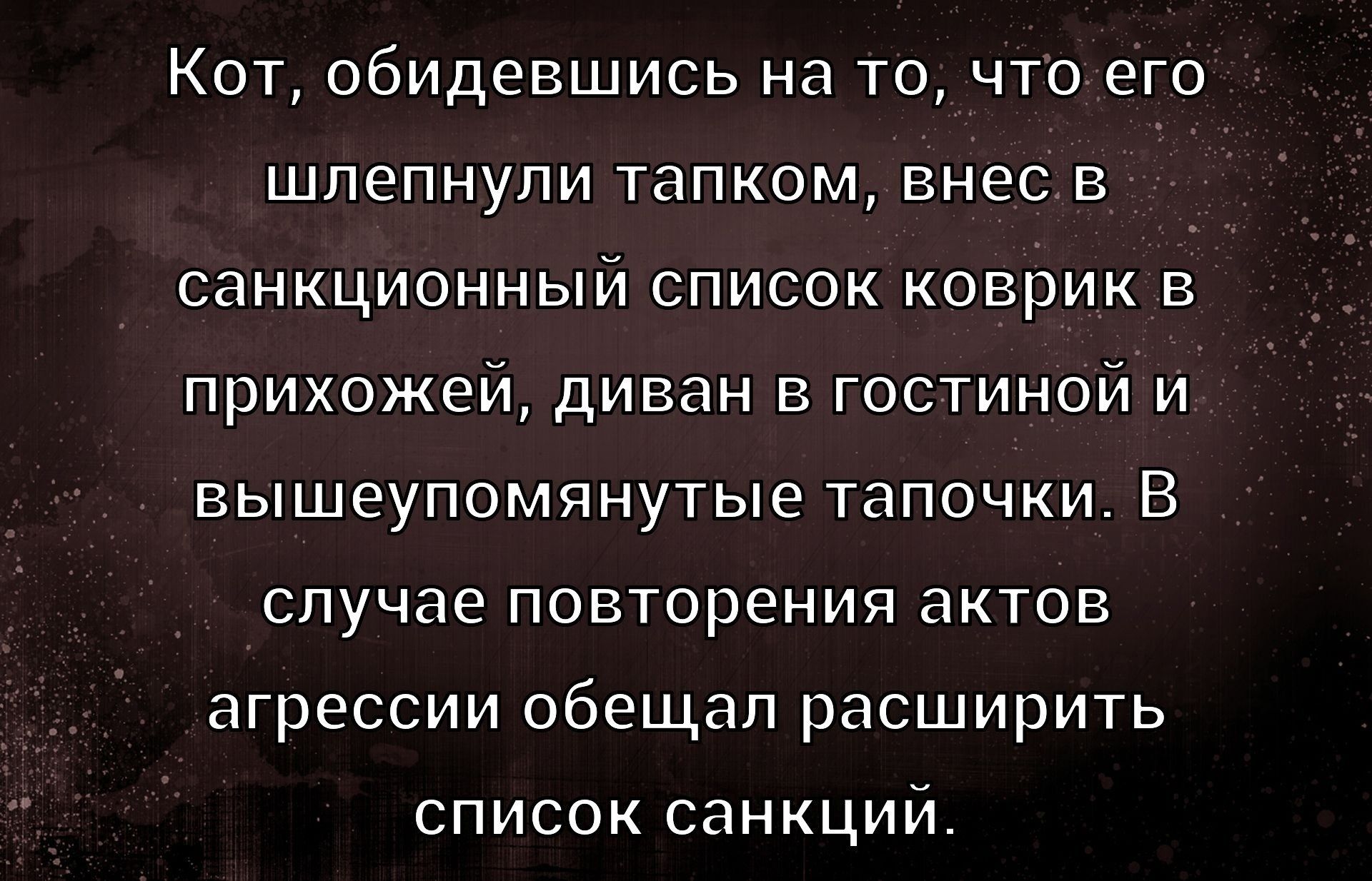 Кот, обидевшись на то, что его шлепнули тапком, внес в санкционный список коврик в прихожей, диван в гостиной и вышепомянутые тапочки. В случае повторения актов агрессии обещал расширить список санкций.