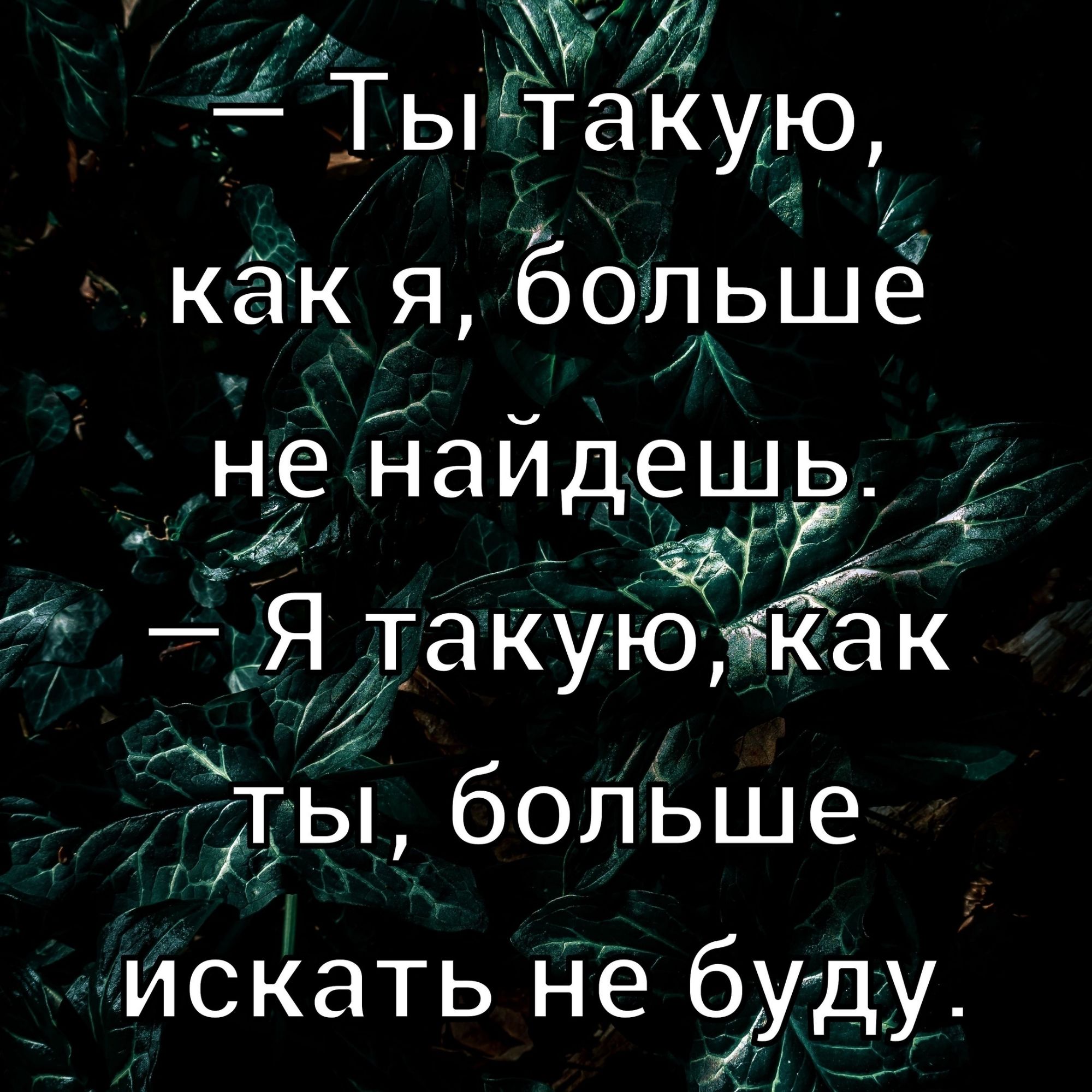 — Ты такую, как я, больше не найдешь.
— Я такую, как ты, больше искать не буду.