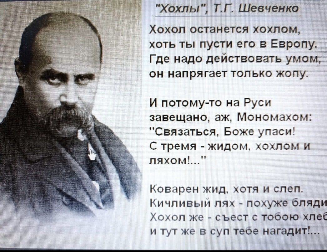 Хохол останется хохлам хоть ты пусти его в Европу __ Где надо действовать умомі он напрягает только жопу И потому то на Руси завещано аж Мономахом Связаться Боже упаси С тремя жидом хохпом и пяхом д Ковзрен жид хотя и слеп Кичпивыи лях похуже бляди Хохоп же съест с тобою хлеб и тут же в суп тебе нагадит1 _ м