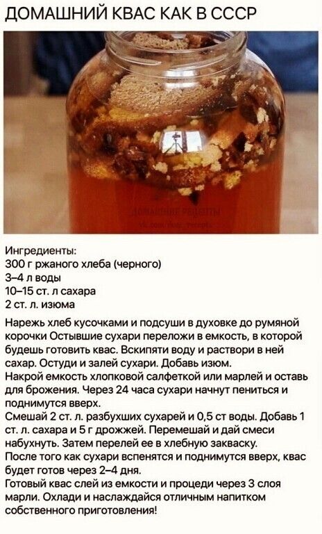 дОМАШНИЙ КВАС КАК В СССР Ингредиети 300 г ржаного хлеба четно 34 д или 0 15 ст л сахара ег л изюма Ндрехь люб кустик ми и тдсуши пдухопкелл румяной шпонки огыыиие сухари нервишки в емтьг китовой вудшь тюнить кис Вскигши году и витвори кей сахар Осгудм и идей сухари Любань изюм Нахрой емтаь июпкоюй салфеткой или марлей и ваш для брожения чеи 24 час стви начну пенится и поднимуюя вверх Смешй 2 ст и 