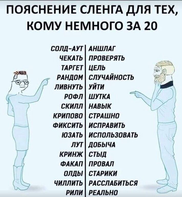 ПОЯСНЕНИЕ СЛЕНГА ДЛЯ ТЕХ КОМУ НЕМНОГО ЗА 20 БОПП АП АНШЛАГ ЧЕКАТЬ ПРПБЕРПТЬ шт цель д милом случлйнпвть Ч 3 м лизнуть уити РПФЛ шутил Т скилл нлвык криппва сшшнп Фиксить испщнить юань исппльзавлть лут лпвычл квинж стыд ФАКАП ПРОВАЛ аллы стики чиллить достаться пили гальки