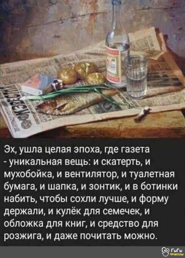 Эх ушла целая эпоха где газета уникальная вещь и скатерть и мухобойка и вентилятор и туалетная бумага и шапка и зонтик и в ботинки набить чтобы сохли лучше и форму держали и купёк для семечек и обложка для книг и средство для розжига и даже почитать можно Тип