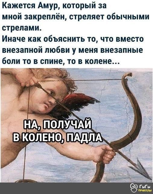Кажется Амур который за мной закреплён стреляет обычными стрелами Иначе как объяснить то что вместо внезапной любви у меня внезапные боли то в спине то в колене чт