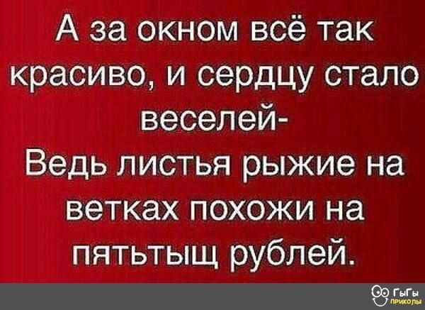 А за окном всё так красиво и сердцу стало веселей Ведь листья рыжие на ветках похожи на пятьтыщ рублей ыы ДА 5 Й