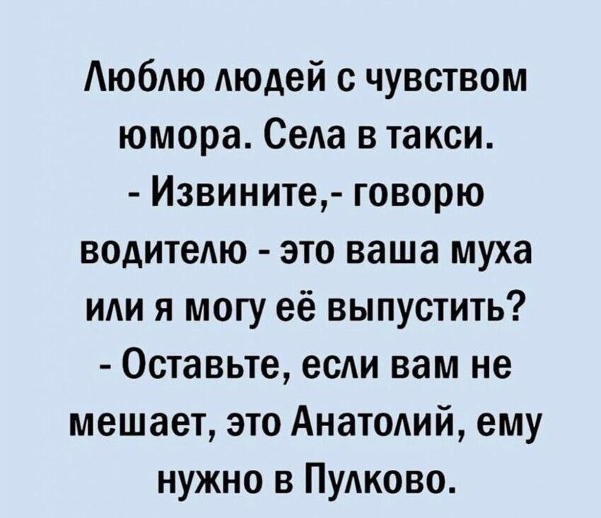 Люблю людей с чувством юмора Села в такси Извините говорю водителю это ваша муха или я могу её выпустить Оставьте если вам не мешает это Анатолий ему нужно в Пулково