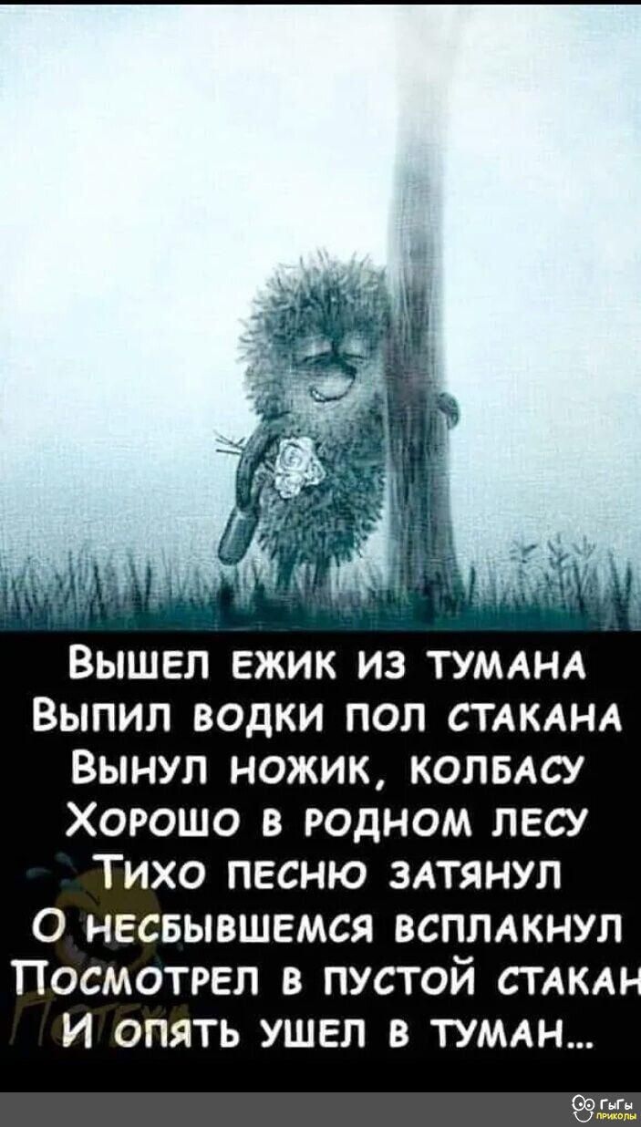 Т ВЫШЕЛ ЕЖИК ИЗ ТУМАНА Выпил ВОДКИ ПОЛ СТАКАНА ВЫНУЛ НОЖИК КОЛБАСУ ХОРОШО В РОДНОМ ЛЕСУ ТИХО ПЕСНЮ ЗАТЯНУЛ О НЕСБЫВШЕМСЯ ВСПЛАКНУЛ ПоОсмотРЕЛ В ПУСТОЙ СТАКА И ОПЯТЬ УШЕЛ В ТУМАН 9г