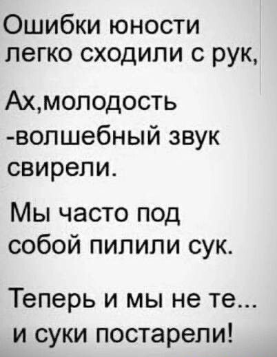 Ошибки юности легко сходили с рук Ахмолодость волшебный звук свирели Мы часто под собой пилили сук Теперь и мы не те и суки постарели