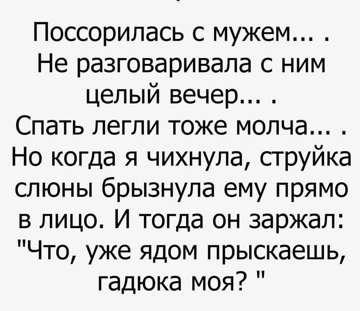 Поссорилась с мужем Не разговаривала с ним целый вечер Спать легли тоже молча Но когда я чихнула струйка слюны брызнула ему прямо в лицо И тогда он заржал Что уже ядом прыскаешь гадюка моя