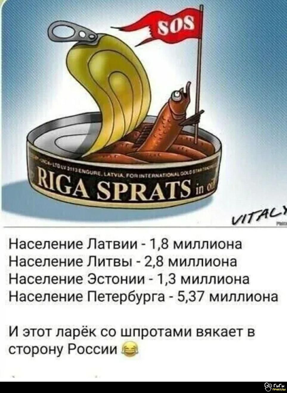 Население Латвии - 1,8 миллиона
Население Литвы - 2,8 миллиона
Население Эстонии - 1,3 миллиона
Население Петербурга - 5,37 миллиона
И этот ларёк со шпротами вякает в сторону России 😂
