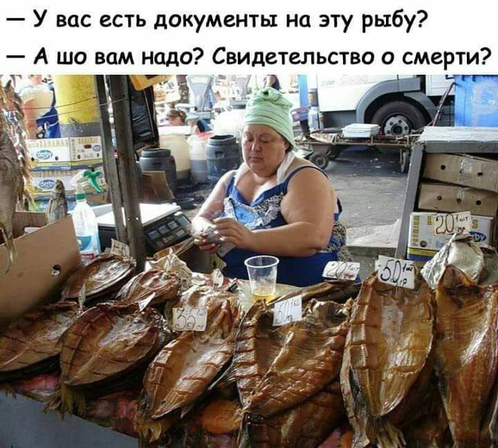 У вас есть документы на эту рыбу?  - А шо вам надо? Свидетельство о смерти?