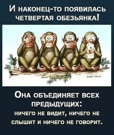 И наконец-то появилась четвертая обезьянка! Она объединяет всех предыдущих: ничего не видит, ничего не слышит и ничего не говорит.