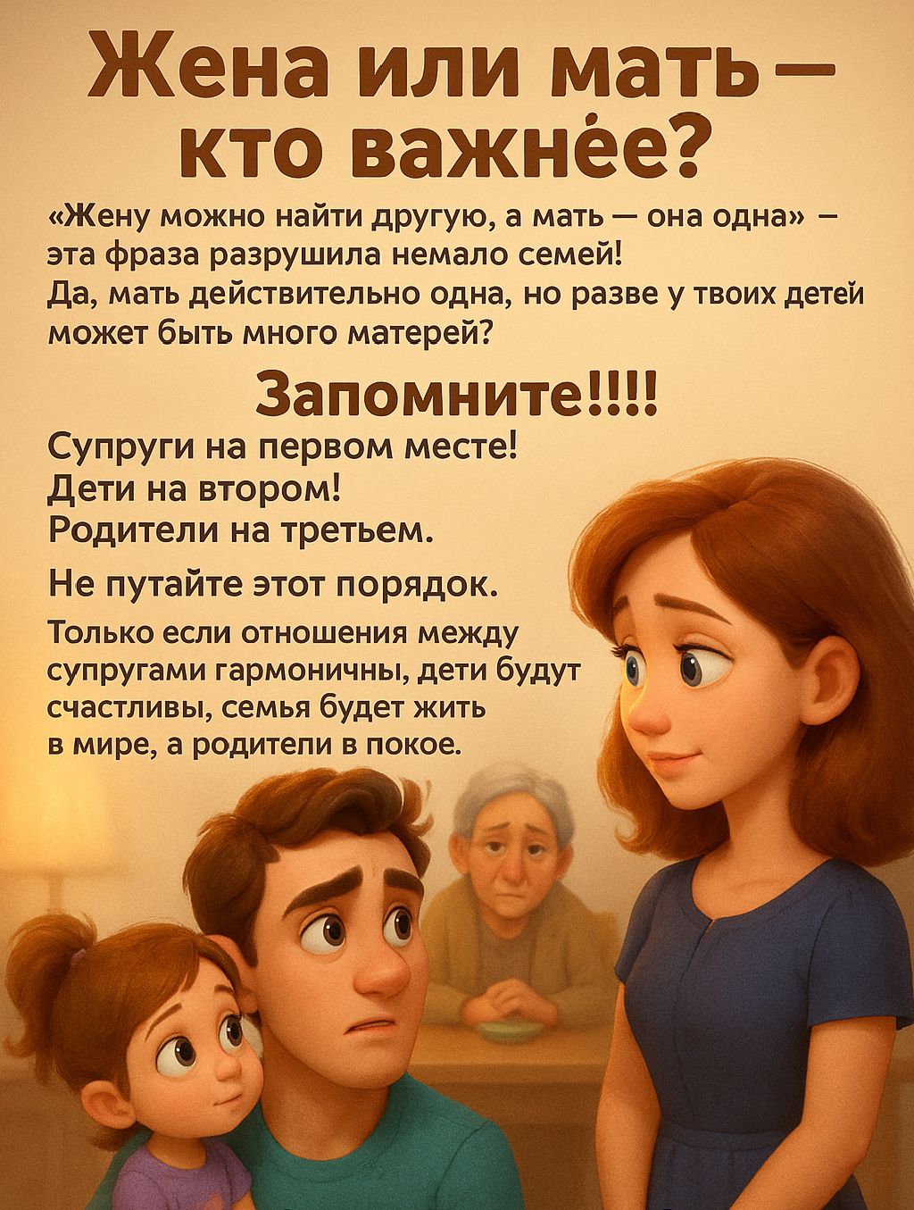 Жена или мать – кто важнее? «Жену можно найти другую, а мать – она одна» – эта фраза разрушила немало семей! Да, мать действительно одна, но разве у твоих детей может быть много матерей? Запомните!!!! Супруги на первом месте! Дети на втором! Родители на третьем. Не путайте этот порядок. Только если отношения между супругами гармоничны, дети будут счастливы, семья будет жить в мире, а родитель в покое.