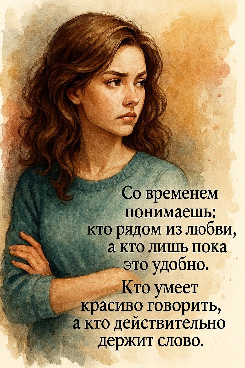 Со временем понимаешь; кто рядом из любви, а кто лишь пока это удобно.
Кто умеет красиво говорить, а кто действительно держит слово.