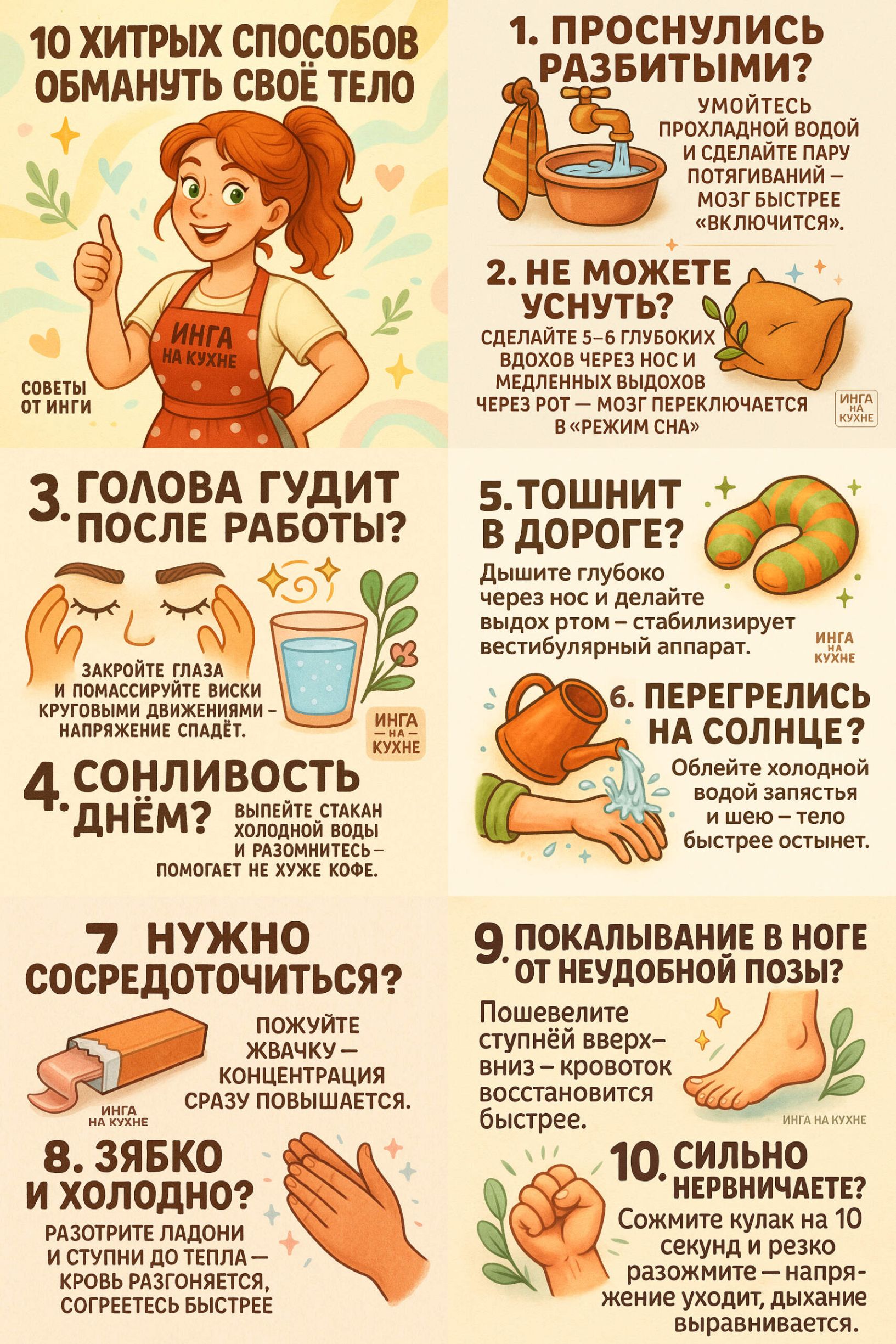 10 ХИТРЫХ СПОСОБОВ ОБМАНУТЬ СВОЁ ТЕЛО
1. ПРОСНУЛИСЬ РАЗБЫТЬМ?
Умойтесь прохладной водой и сделайте пару глубоких вдохов – мозг быстрее включится.

2. НЕ МОЖЕТЕ УСНУТЬ?
Сделайте 5-6 глубоких вдохов через нос и медленных выдохов через рот – мозг переключается.

3. ГОЛОВА ГУДИТ ПОСЛЕ РАБОТЫ?
Закройте глаза и помассируйте виски крупными движениями – напряжение спадет.

4. СОНЛИВОСТЬ ДНЁМ?
Выпейте стакан холодной воды – поможет и размягчит кофе.

5. ТОШНИТ В ДОРГЕ?
Дышите хлопая через нос и делайте выдох – организм стабилизируется.

6. ПЕРЕГРЕЛИСЬ НА СОЛНЦЕ?
Помойте холодной водой запястья – тело остынет.

7. НУЖНО СОСРЕДОТОЧИТЬСЯ?
Пожуйте жвачку – концентрация сразу повысится.

8. ЗЯБКО И ХОЛОДНО?
Заправьте ладони в теплые рукава и погрейте.

9. ПОКАЛИВШЕ В НОГЕ ОТ НЕУДОБНОЙ ПОЗЫ?
Поверните ступни вверх – боль пройдет быстрее.

10. СИЛЬНО НЕРВНИЧАЕТЕ?
Сделайте пару глубоких вдохов - уйдет стресс.