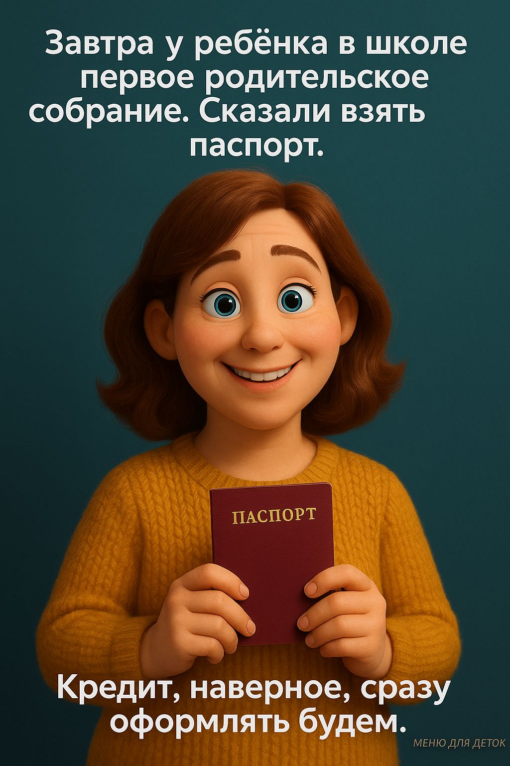 Завтра у ребёнка в школе первое родительское собрание. Сказали взять паспорт.
Кредит, наверное, сразу оформлять будем.