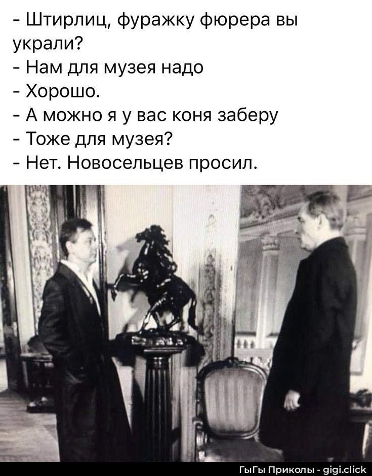 – Штирлиц, фуражку фюрера вы украли?  
– Нам для музея надо  
– Хорошо.  
– А можно я у вас коня заберу  
– Тоже для музея?  
– Нет. Новосельцев просил.