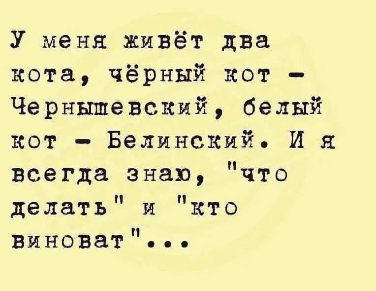 У меня живёт два кота, чёрный кот – Чернышевский, белый кот – Белинский. И я всегда знаю, 