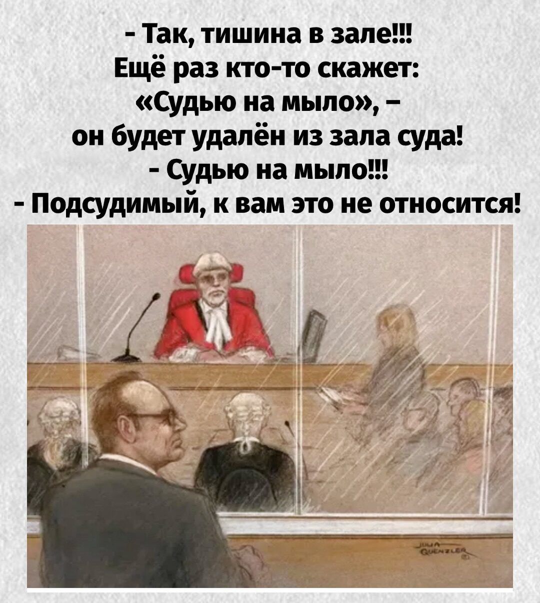 - Так, тишина в зале!!! Ещё раз кто-то скажет: «Судью на мыло», – он будет удалён из зала суда! - Судью на мыло!!! - Подсудимый, к вам это не относится!