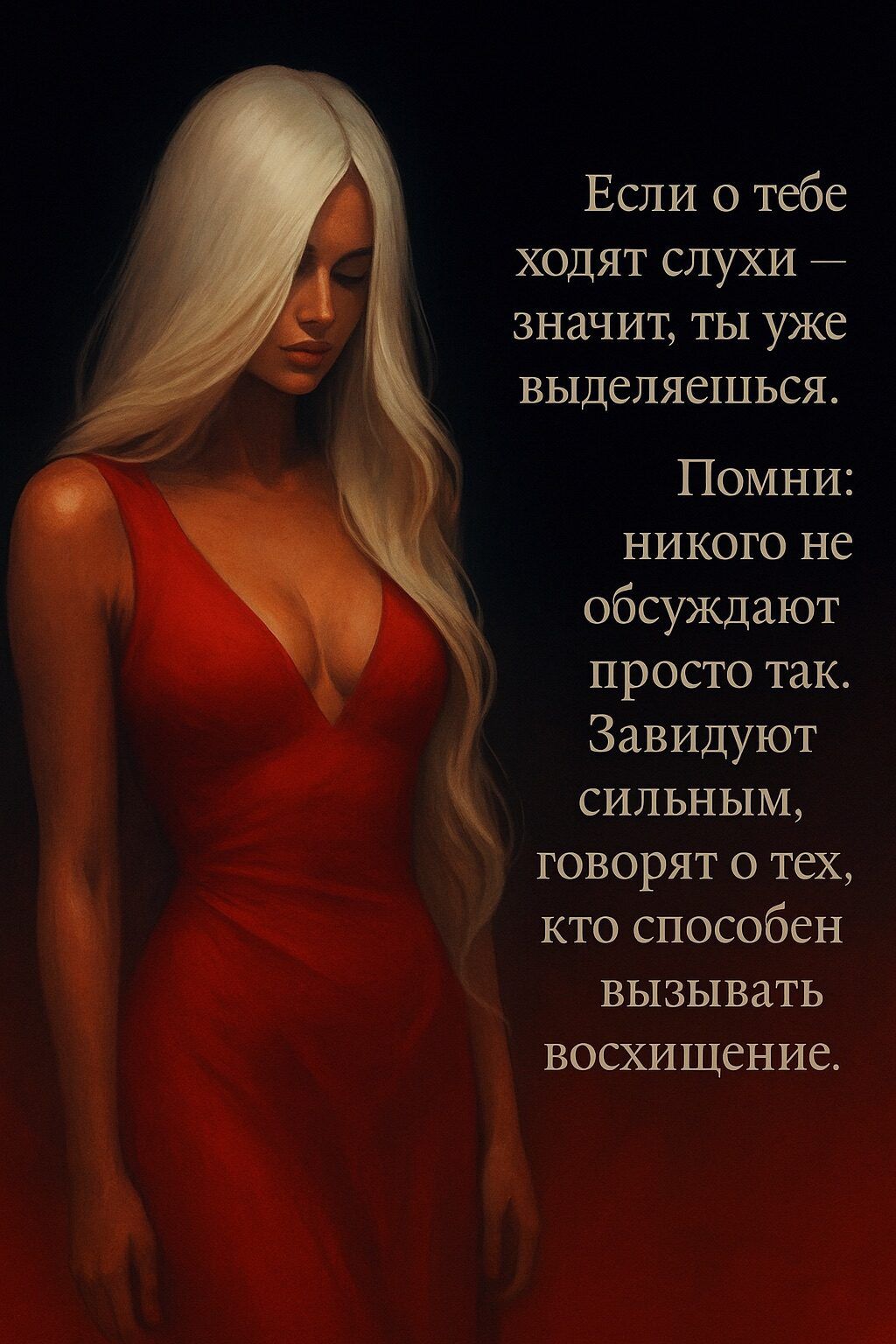 Если о тебе ходят слухи — значит, ты уже выделяешься. Помни: никого не обсуждают просто так. Завидуют сильным, говорят о тех, кто способен вызывать восхищение.