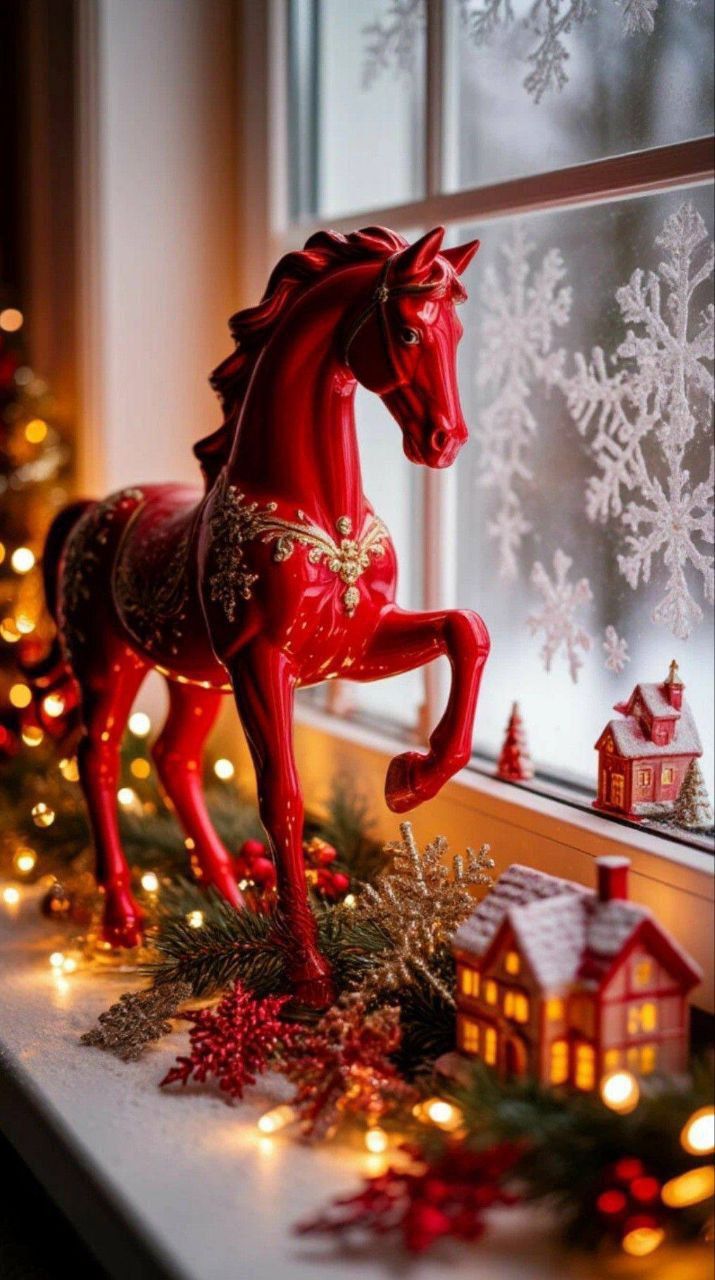 Красный конь-игрушка на подоконнике среди рождественских миниатюр и света.