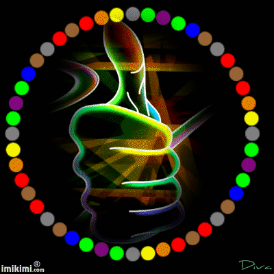 Неоновый рисунок большого пальца в окружности разноцветных кружков