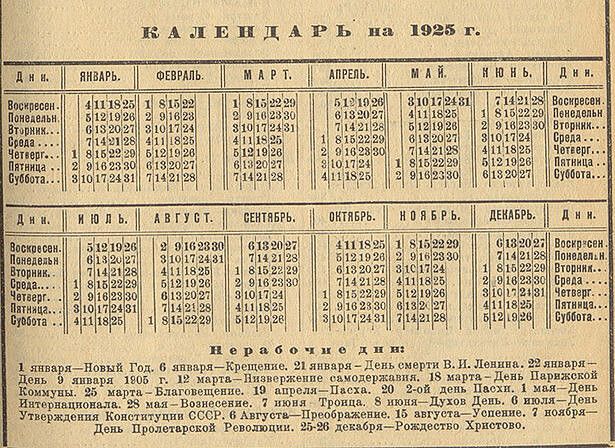 КАЛЕНДАРЬ на 1925 г. Дни. Январь, ФЕВРАЛЬ, МАРТ, АПРЕЛЬ, МАЙ, ИЮНЬ. Воскрес. Понед. ВТ. Ср. ЧТ. Пт. Сб. 1-я неделя — даты и праздники. Подписи внизу: переход на новый год; календарь год по месяцам.