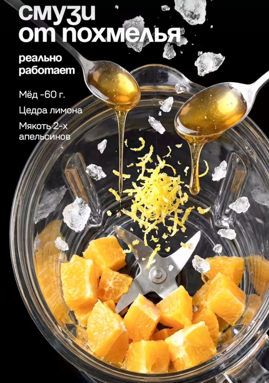 Смузи от похмелья реально работает Мёд-60 г. Цедра лимона. Мякоть 2-х апельсинов.