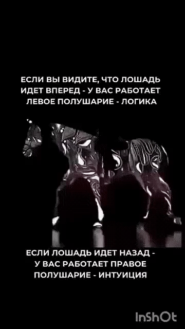 Если вы видите, что лошадь идет вперед - у вас работает левое полушарие - логика
Если лошадь идет назад - у вас работает правое полушарие - интуиция