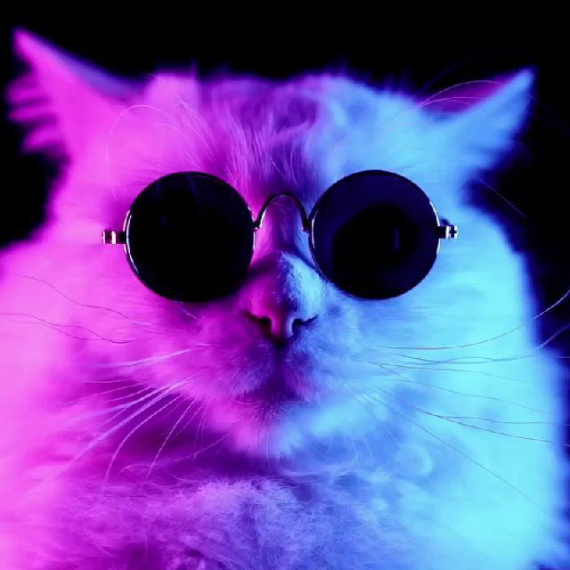 Кот в неоновой подсветке и круглых солнцезащитных очках