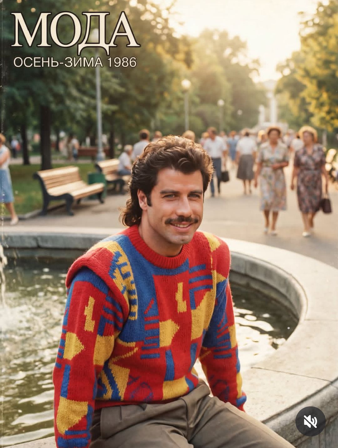 МОДА ОСЕНЬ-ЗИМА 1986. Мужчина в ярком свитере сидит у фонтана в парке.