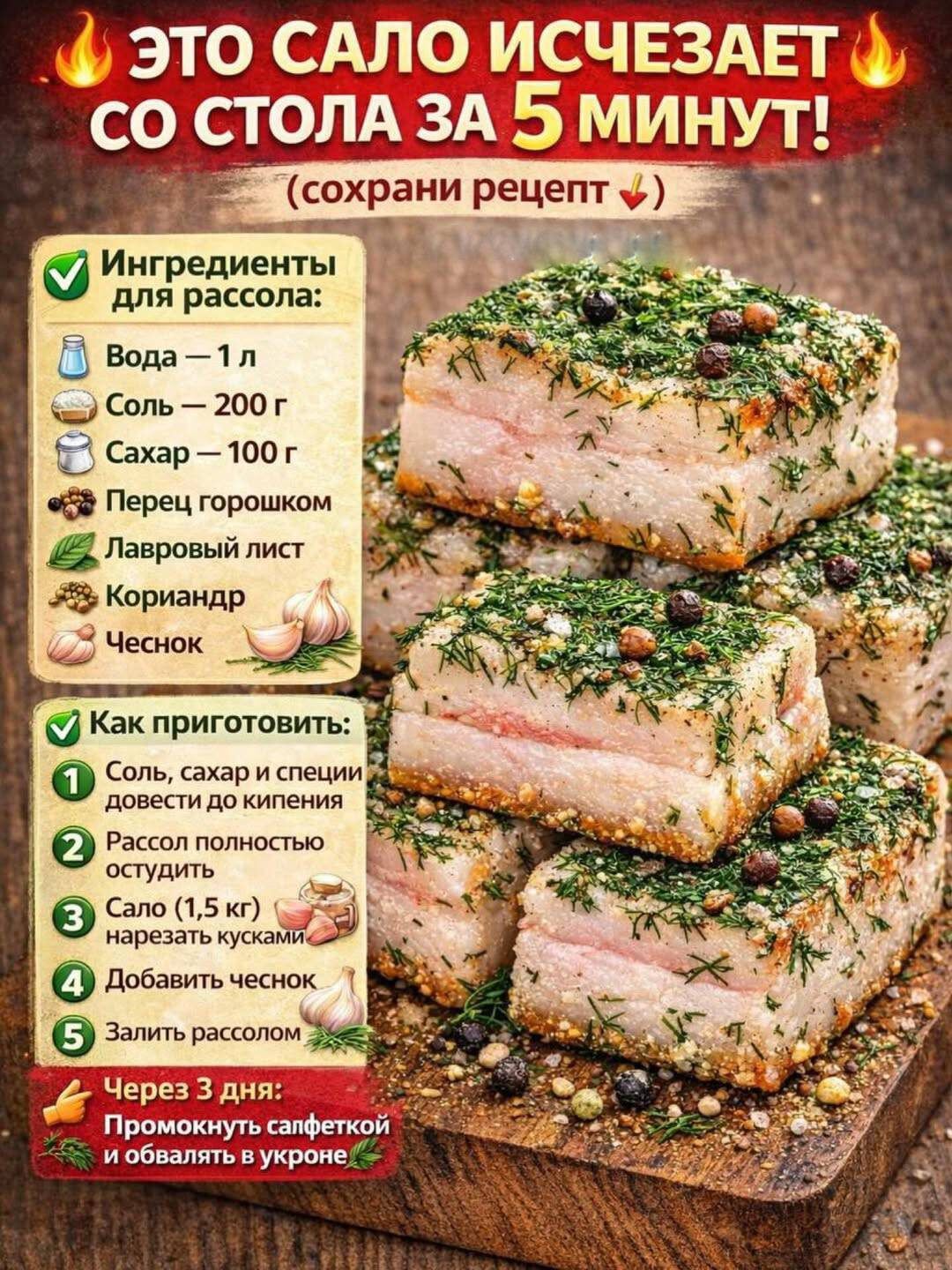 ЭТО САЛО ИСЧЕЗАЕТ СО СТОЛА ЗА 5 МИНУТ! (сохрани рецепт) Ингредиенты для рассола: Вода – 1 л, Соль – 200 г, Сахар – 100 г, Перец горошком, Лавровый лист, Кориандр, Чеснок. Как приготовить: 1 Соль, сахар и специи довести до кипения. 2 Рассол полностью остудить. 3 Сало (1,5 кг) нарезать кусками. 4 Добавить чеснок. 5 Залить рассолом. Через 3 дня: