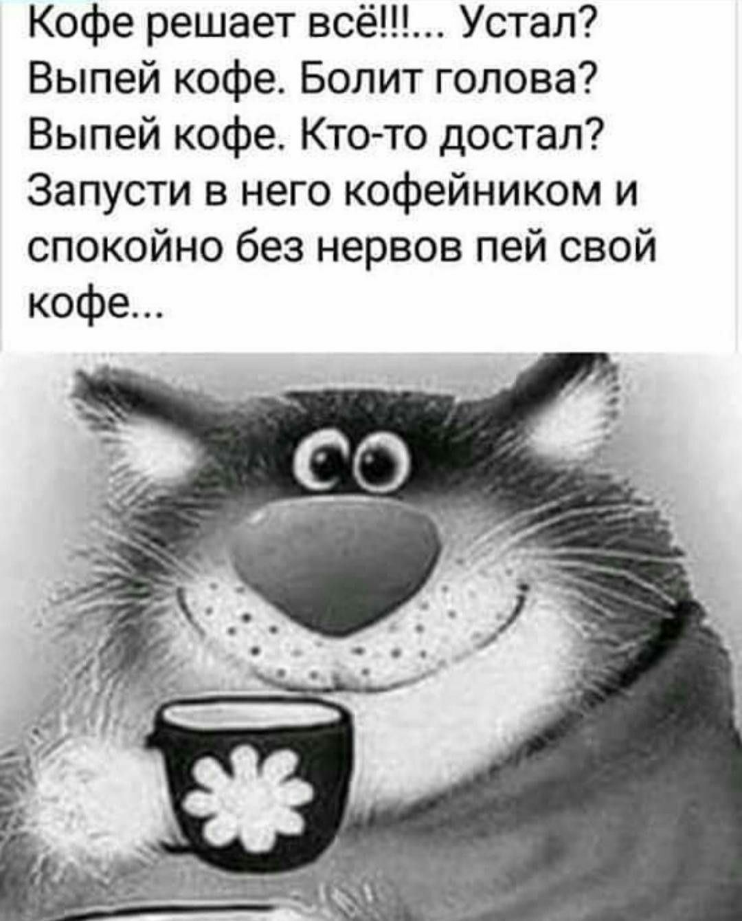 Кофе решает всё Устал Выпей кофе Болит голова Выпей кофе Ктото достал Запусти в него кофейником и спокойно без нервов пей свой кофе
