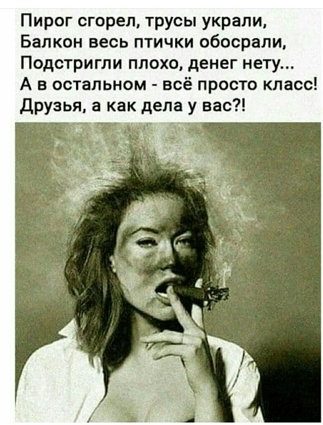 Пирог сгорел трусы украли Балкон весь птички обосрали Подстригли плохо денег нету А в остальном всё просто класс друзья а как д ла у вас 33 11 __ Т