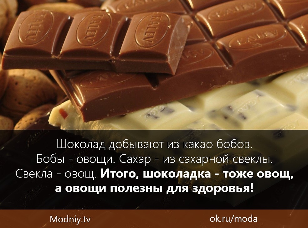 Шоколад добывают из какао бобов Бобы овощи Сахар из сахарной свеклы Свекла овощ Итого шоколадка тоже овощ а овощи полезны для здоровья Мосіпіуіу октода