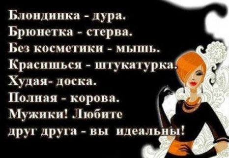 Блондинка дури Брюнетки стерва Без косметики мышь Красишься штукатурка Худая доски Полная корова Мужики Любите