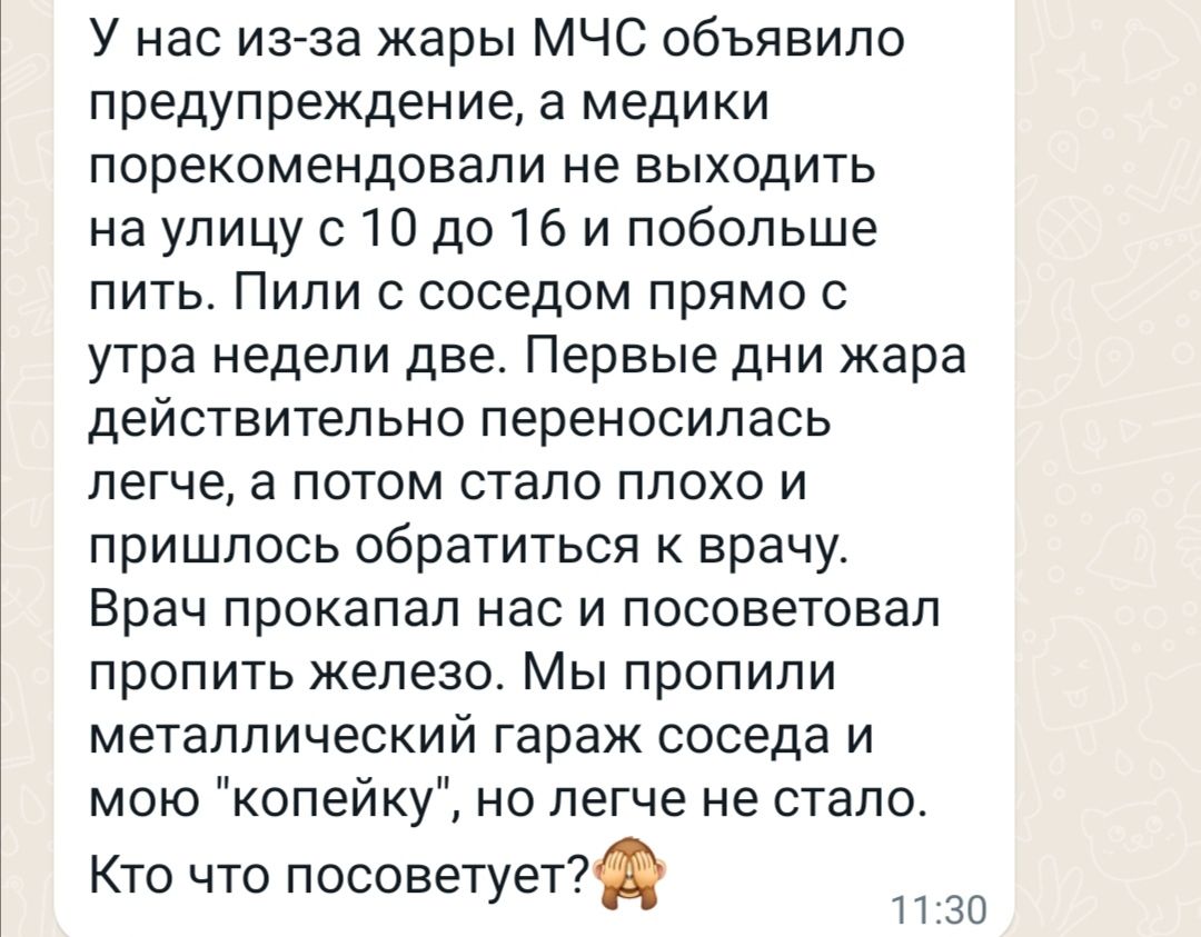 У нас из за жары МЧС объявило предупреждение а медики порекомендовали не выходить на улицу с 10 до 16 и побольше пить Пили с соседом прямо с утра недели две Первые дни жара ДЕЙСТЕИТЭПЬНО ПЕРЕНОСИПЗСЬ легче а потом стало плохо и пришлось обратиться врачу Врач прокапал нас и посоветовал пропить железо Мы пропили металлический гараж соседа и мою копейку но легче не стало Кто что посоветует зи