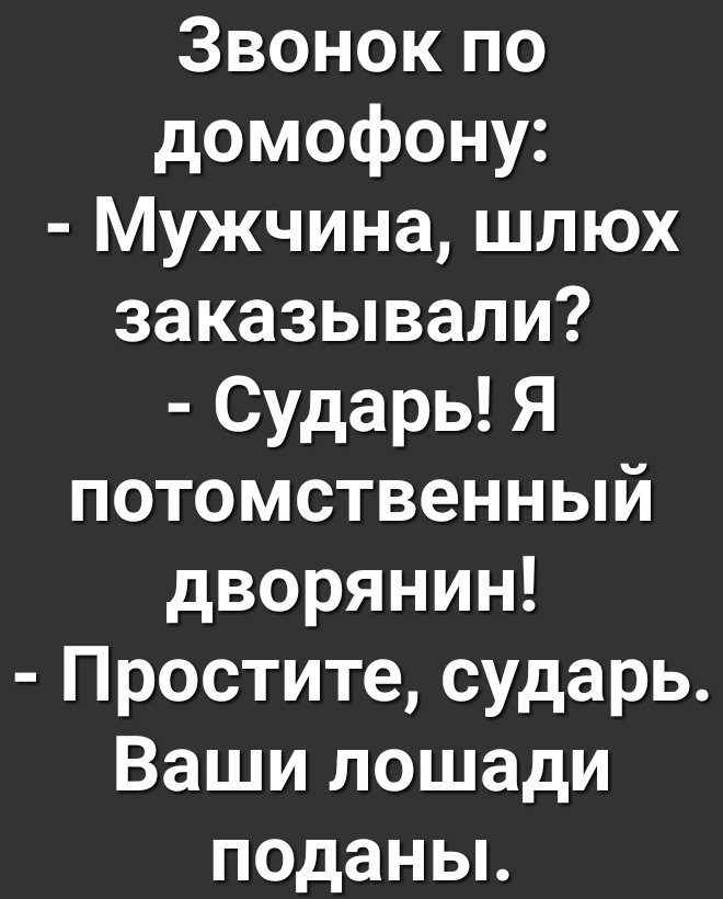 Звонок по домофону Мужчина шлюх заказывали Сударь Я потомственный дворянин Простите сударь Ваши лошади псданы