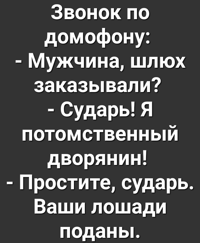 Звонок по домофону Мужчина шлюх заказывали Сударь Я потомственный дворянин Простите сударь Ваши лошади педаны