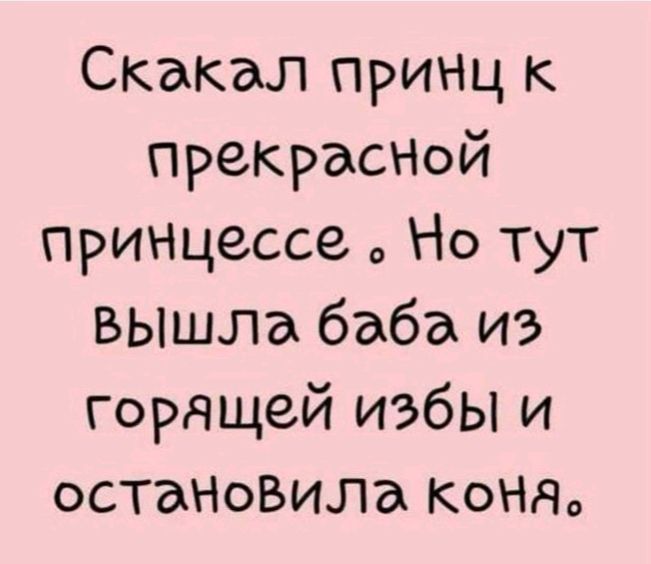 Скакал принц к прекраСНой принцессе Но тут вышла баба из горящей избы и остаНоВила Кондо