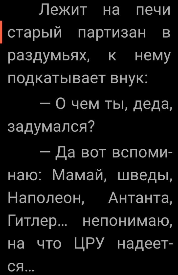 Лежит на печи старый партизан в раздумьях к нему подкатывает внук О чем ты деда задумался Да вот вспоми наю Мамай шведы Наполеон Антанта Гитлер непонимаю на что ЦРУ надеет ся