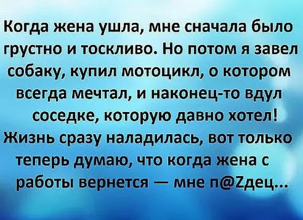 Когда жена ушла, мне сначала было грустно и тоскливо. Но потом я завел собаку, купил мотоцикл, о котором всегда мечтал, и наконецто вдул соседке, которую давно хотел! Жизнь сразу наладилась, вот только теперь думаю, что когда жена с работы вернется  мне п2дец...