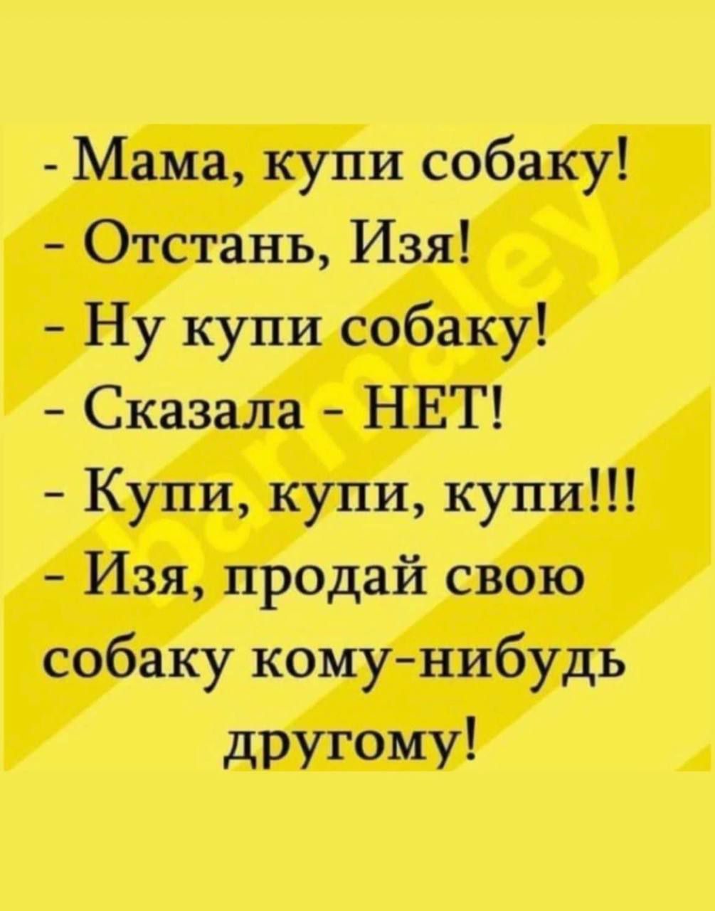 Мама купи собаку Отстань Изя Ну купи собаку Сказала НЕТ Купи купи купи Изя продай свою собаку комунибудь другому