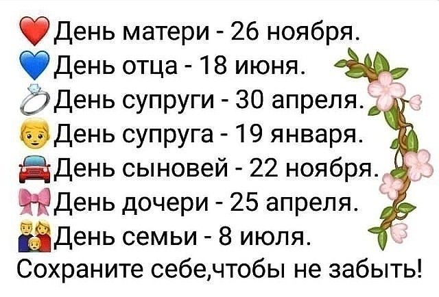 фдень матери 26 ноября фдень отца 18 июня Ё7День супруги 30 апреля 7 День супруга 19 января Ёдень сыновей 22 ноября йдень дочери 25 апреля адень семьи 8 июля Сохраните себечтобы не забыть