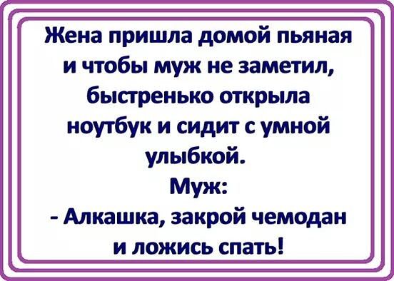 Жена пришла домой пьяная и чтобы муж не заметил быстренько открыла ноутбук и сидит с умной улыбкой Муж Алкашка закрой чемодан и ложись спать