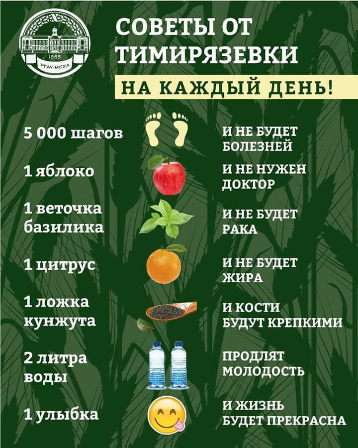 СОВЕТЫ ОТ ТИМИРЯЗЕВКИ НА КАЖДЫЙ дЕНЬ п п 5 000 шагов и нв вудвт _ волвзннй 1 яблоко и нв нужвн доктор 1 веточка и Н вудвт базилика РШ 1 цитрус и НЕ вудвт жим 1 ложка 7 и кости Ку Кута С БУДУТ крвпкими 2 литра пгодлят воды молодость 1 б и жизнь улы ка БУДЕТ ПРЕКРАСНА