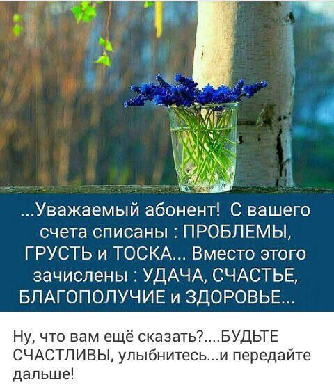 ііы Уважаемый абонент С вашего счета списаны ПРОБЛЕМЫ ГРУСТЬ и ТОСКА Вместо этого зачислены УДАЧА СЧАСТЬЕ БЛАГОПОЛУЧИЕ и ЗДОРОВЬЕ Ну что вам ещё сказатьБУДЬТЕ СЧАСТЛИВЫ улыбнитесьи передайте дальше
