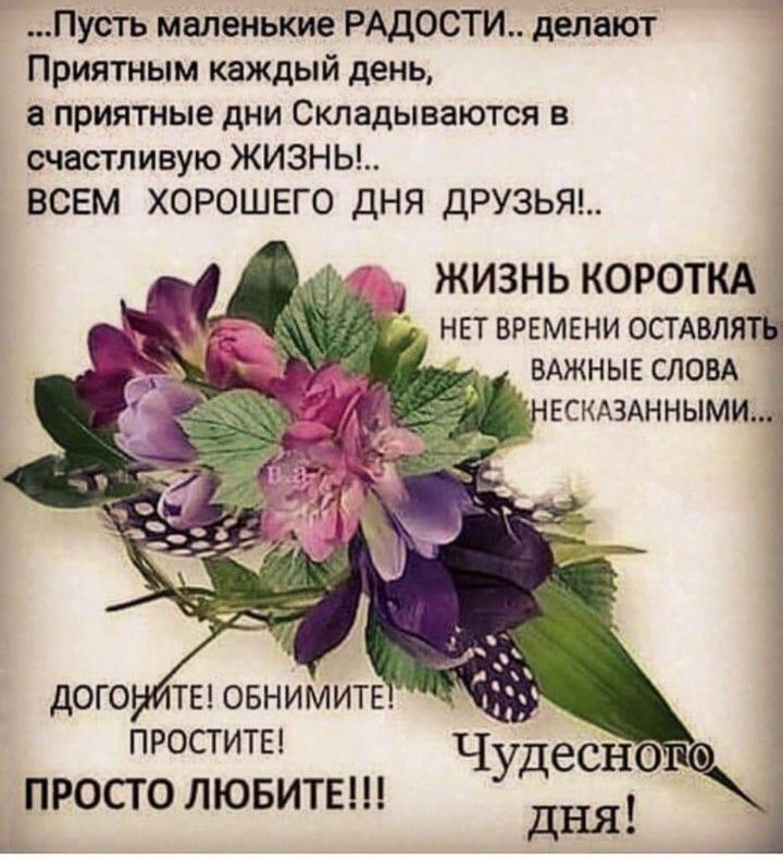 Пусть маленькие РАДОСТИ делают Приятным каждый день приятные дни Склады ваются в счастливую ЖИЗНЬ ВСЕМ ХОРОШЕГО дня дРУЗЬЯ ЖИЗНЬ КОРОТКА НЕТВРЕМЕНИОСТАВЛЯ ВАЖНЫЕСЛОВА никииными 1 1 і ПРОСГИТЕ просто лювитв